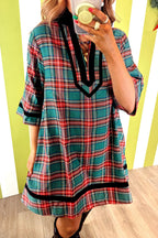 Green Plaid Velvet Trim Pockets Short Shift Dress