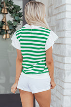 Black Stripe Collar V Neck Ruffled Short Sleeve Blouse