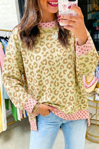 Pink Leopard Polka Dot Colorblock Trim Long Sleeve Top