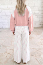 Polka dot patchwork colorblock two-piece pants set with long sleeves, casual style in vibrant colors, by Dear-Lover.