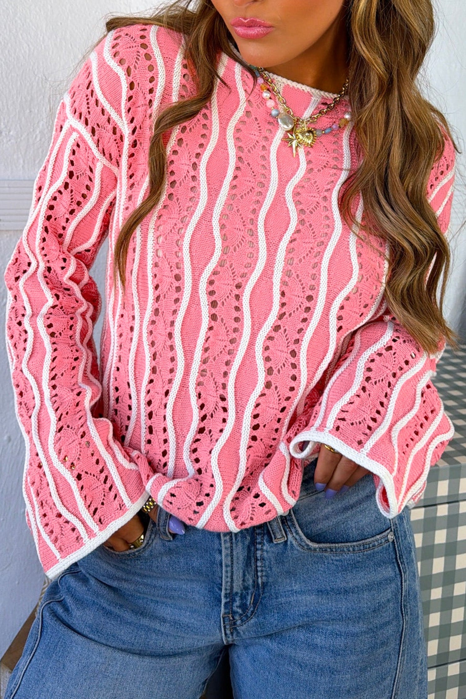 Pink Wavy Detail Hollow Out Knit Long Sleeve Cotton Pullover Sweater
