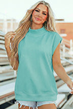 Black Solid Color High Neck Cap Sleeve Loose Top