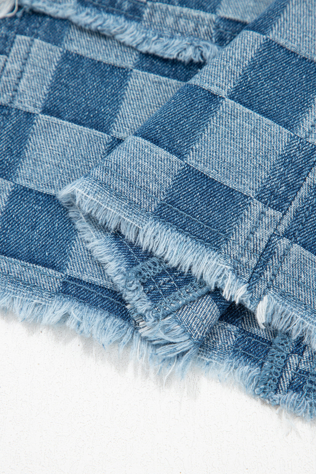 Sky Blue Frayed Hem Checkered Denim Mini Dress