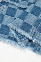 Sky Blue Frayed Hem Checkered Denim Mini Dress