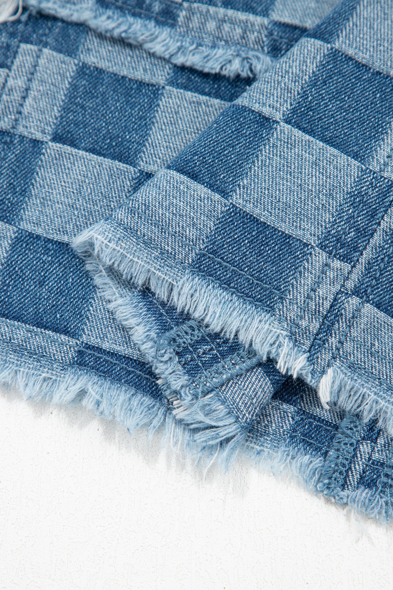 Sky Blue Frayed Hem Checkered Denim Mini Dress