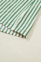 Green Stripe Collared Split Neck Short Bubble Sleeve Blouse