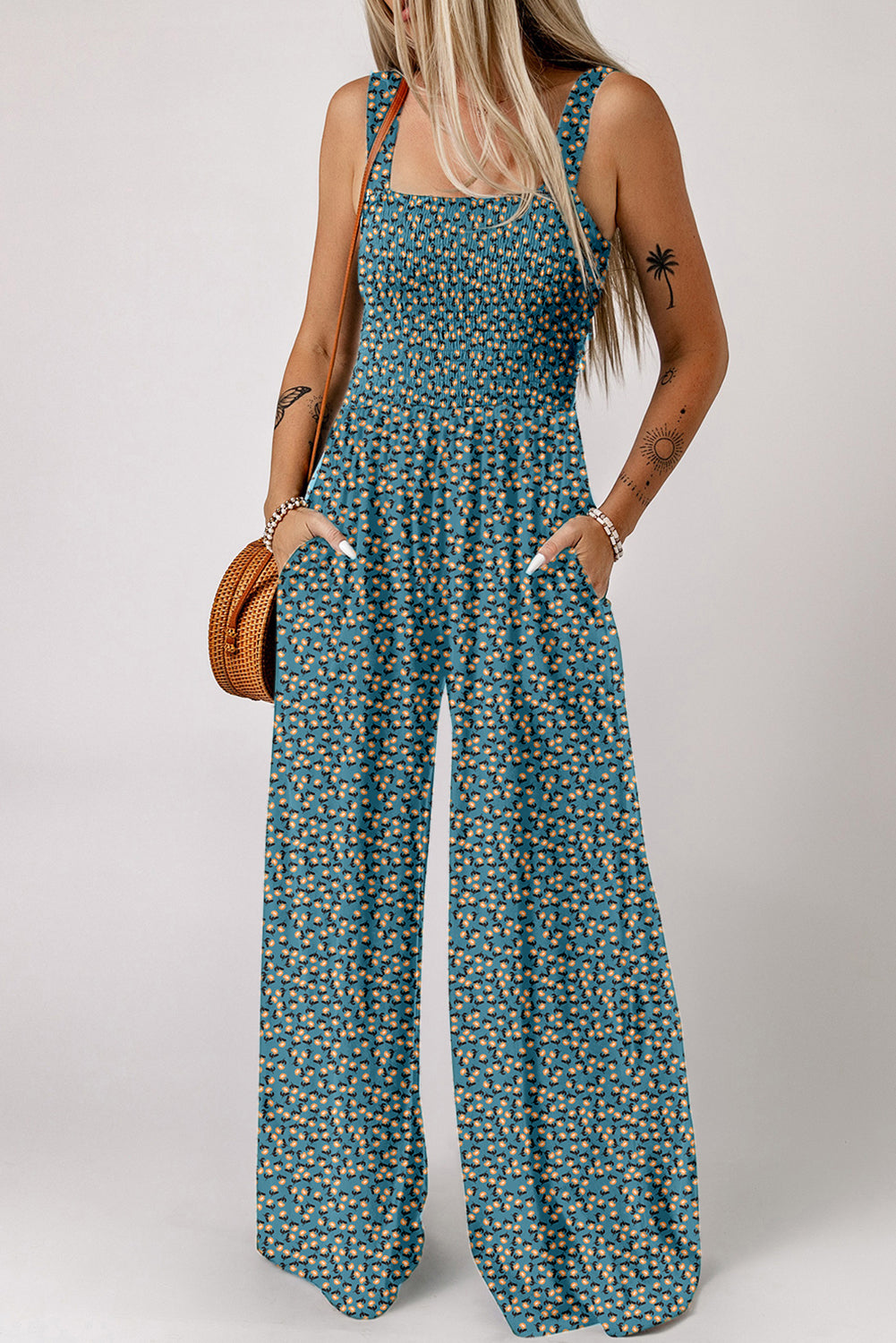 Floral Print Smocked High Waist Square Neck Jumpsuit