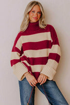 Red Stripe Ribbed Trim High Neck Relaxed Pullover Sweater