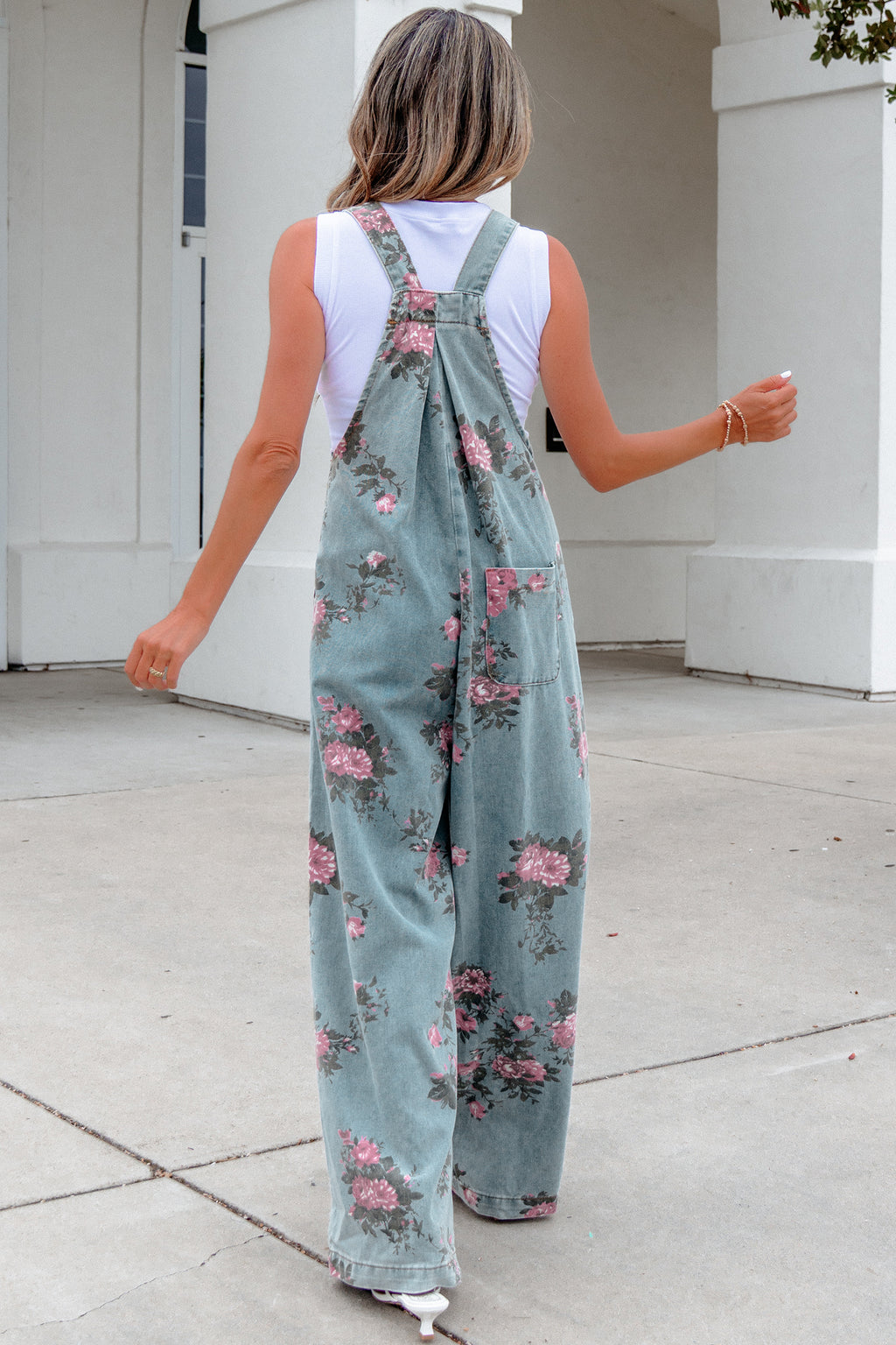 Beau Blue Floral Print Pleated High Waist Wide Leg Denim Jumpsuit