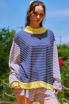 Blue Stripe Color Block Long Sleeve Pullover Ribbed Knit Casual Shorts Set
