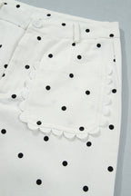 White Polka Dot Print Scalloped Patch Pocket Cotton Shift Pants