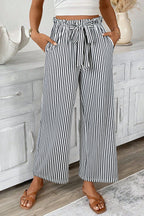 Black Stripe Tied High Waist Loose Straight Casual Pants