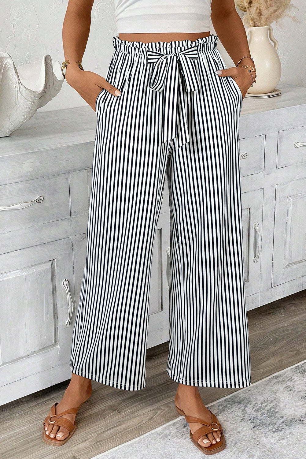 Black Stripe Tied High Waist Loose Straight Casual Pants
