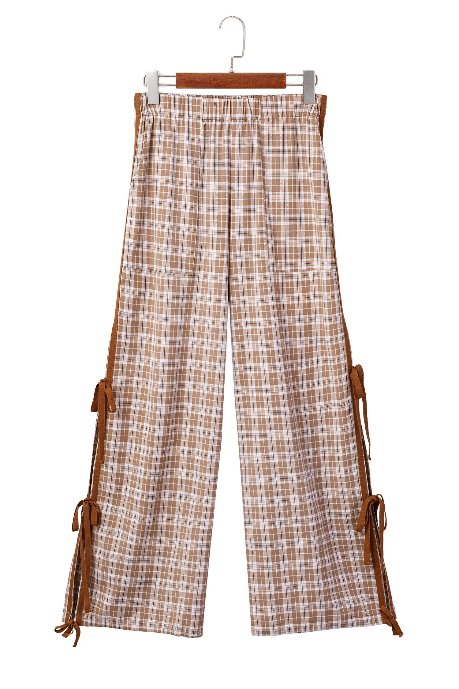 Chestnut Plaid Print Elastic Waist Bow Tie Contrast Detail Jogger Pants