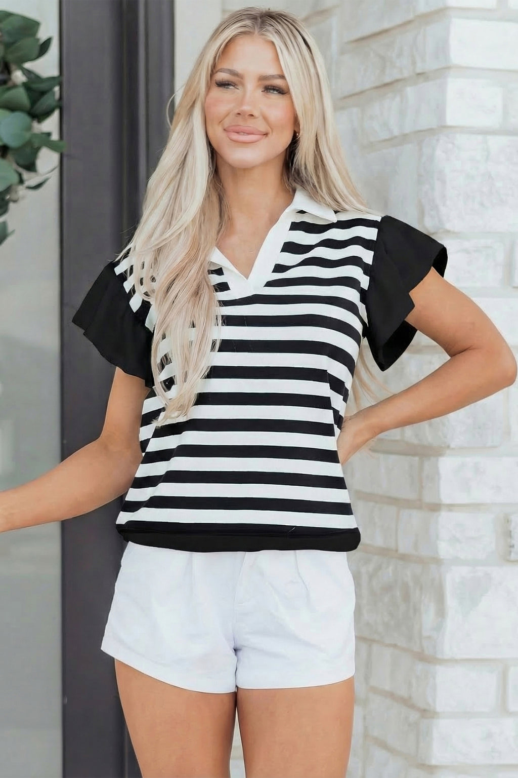 Black Stripe Collar V Neck Ruffled Short Sleeve Blouse
