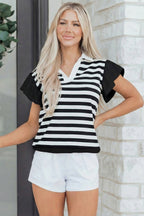 Black Stripe Collar V Neck Ruffled Short Sleeve Blouse
