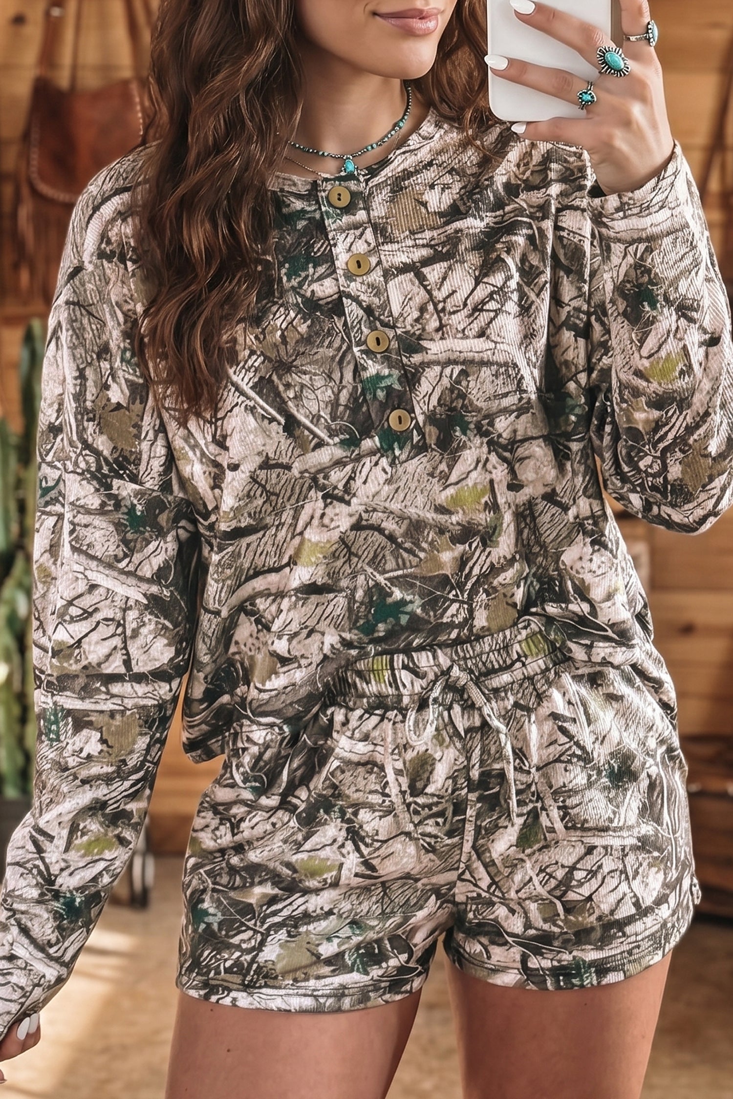 Brown Camo Long Sleeve Top Elastic Waist Shorts Two Piece Set
