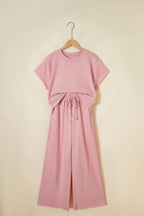 Mist Blue Solid Color Loose Tee Drawstring Wide Leg Pants 2pcs Outfit