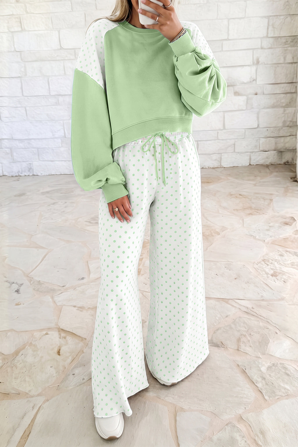 Polka dot patchwork colorblock long sleeve two-piece pants set by Dear-Lover featuring casual style and vibrant patterns.
