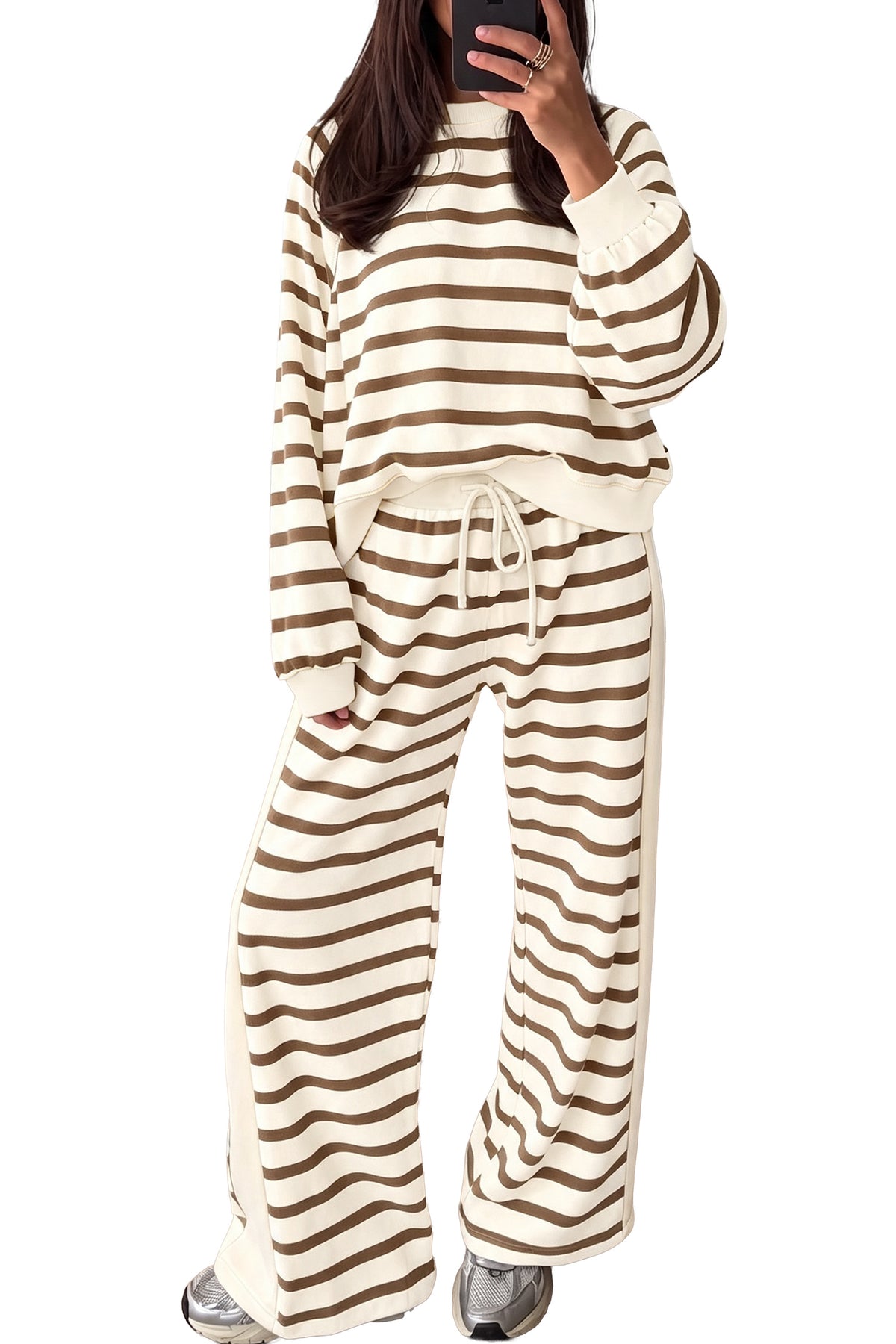 Dear-Lover color block two-piece set with relaxed long sleeve top and drawstring pants, casual and stylish women's outfit