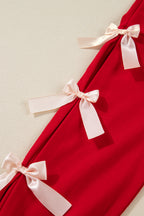 Racing Red Striped Collar Patchwork Satin Bow Sweatshirt and Shorts Set