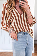 Brown Stripe V Neck Half Sleeve Casual Blouse