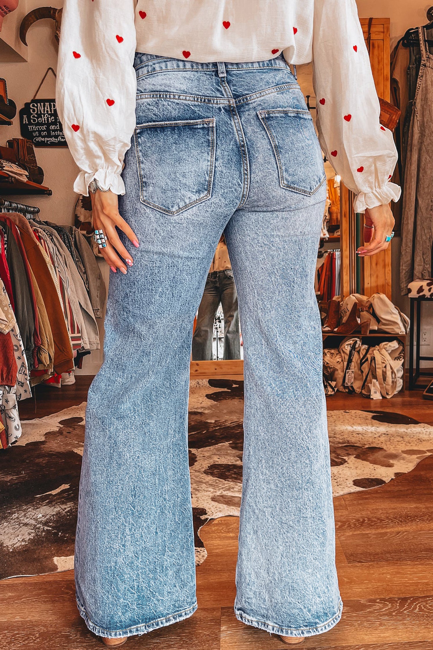 Beau Blue Acid Wash Pocket Detail Flare Jeans