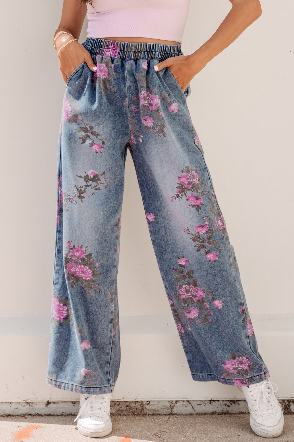 Beau Blue Floral Print Elastic Waist Pull On Casual Jeans