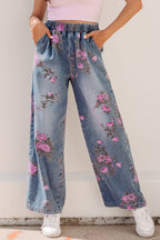 Beau Blue Floral Print Elastic Waist Pull On Casual Jeans