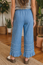 Dusk Blue Ruffled Hem Wide Leg Chambray Pants