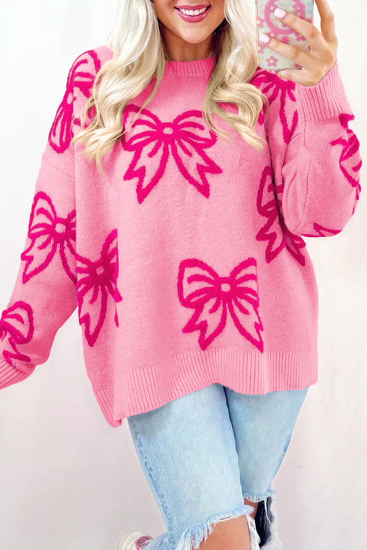Pink Fleece Bow Pattern Drop Shoulder Loose Sweater