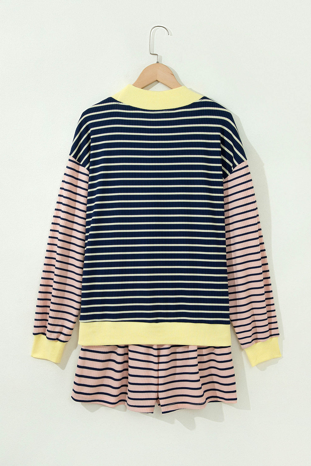 Blue Stripe Color Block Long Sleeve Pullover Ribbed Knit Casual Shorts Set