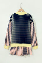 Blue Stripe Color Block Long Sleeve Pullover Ribbed Knit Casual Shorts Set