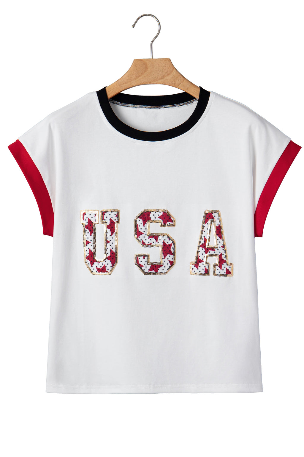 White USA Sequin Color Block Trim Loose T Shirt