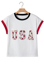 White USA Sequin Color Block Trim Loose T Shirt