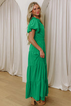 Solid Color V Neck Short Puff Sleeve High Waist Tiered Maxi Dress