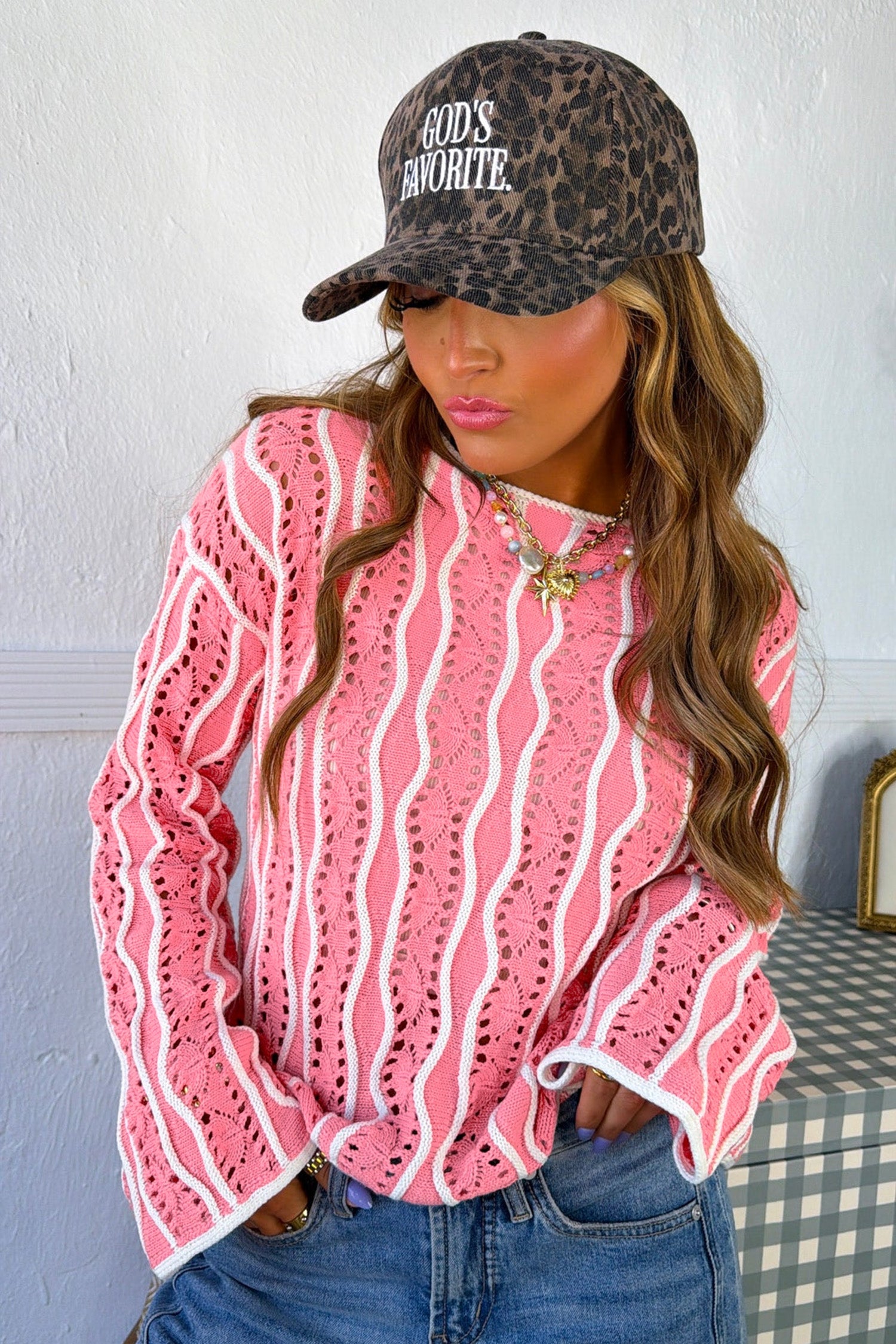 Pink Wavy Detail Hollow Out Knit Long Sleeve Cotton Pullover Sweater