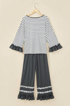 Gray Stripe V Neck Ruffle Contrast Sleeve Top Drawstring Pants 2pcs Set