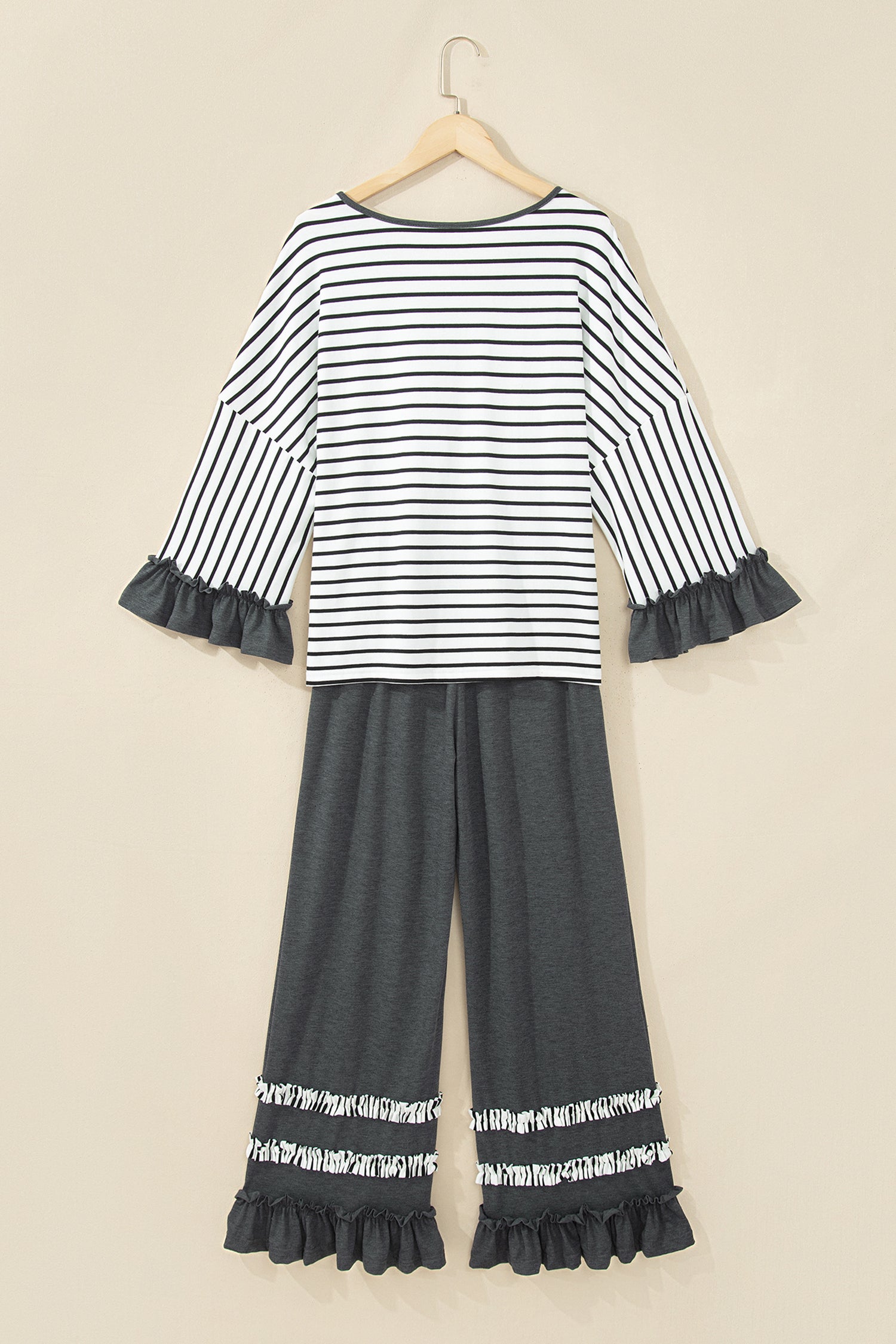 Gray Stripe V Neck Ruffle Contrast Sleeve Top Drawstring Pants 2pcs Set
