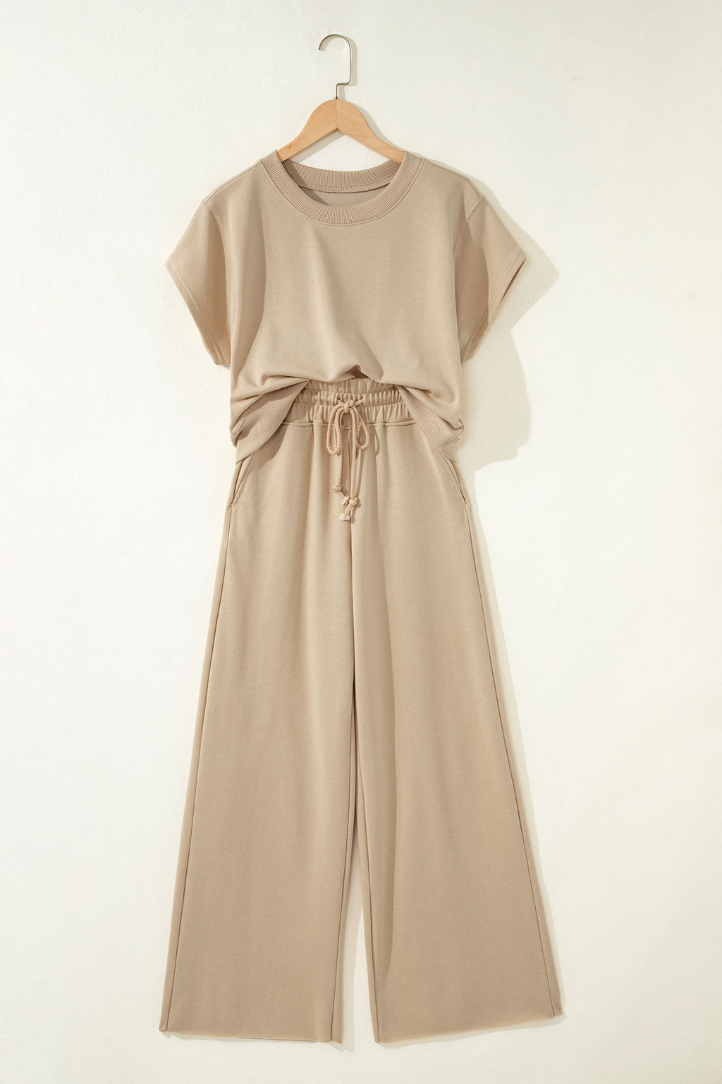 Mist Blue Solid Color Loose Tee Drawstring Wide Leg Pants 2pcs Outfit