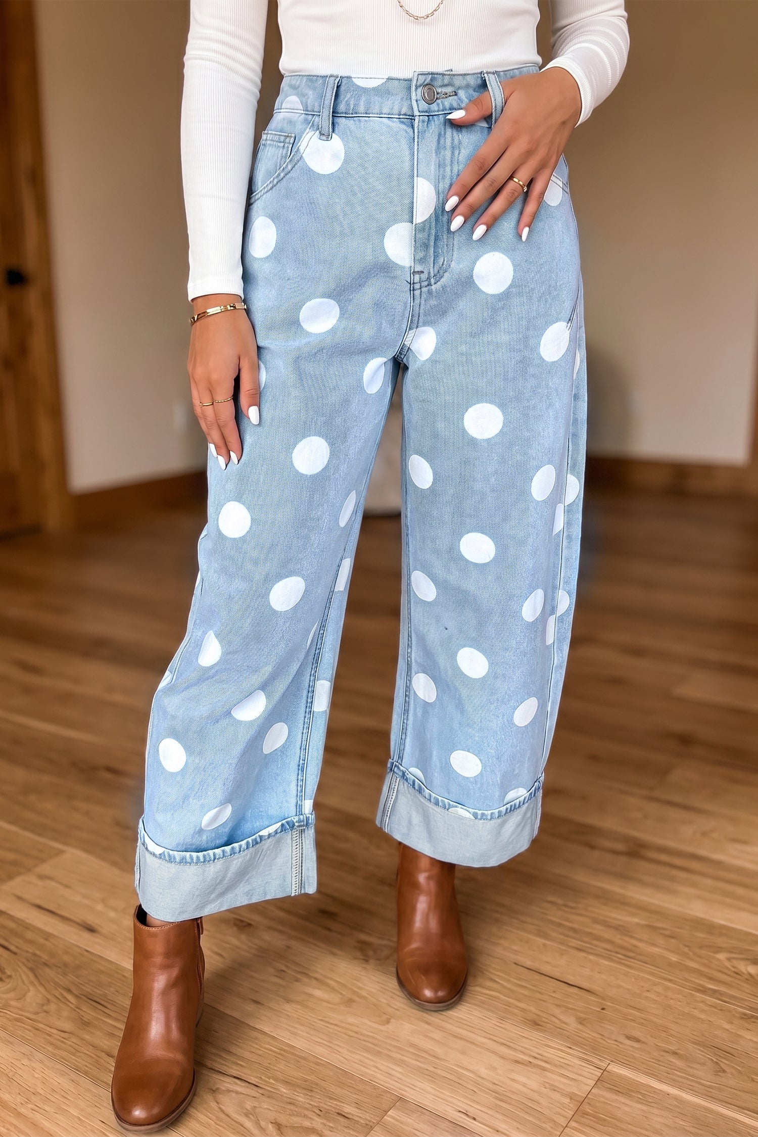 Polka Dot Ankle-Length Metal Button Casual Jeans