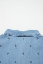 Beau Blue Star Allover Print Double Chest Pocket Short Sleeve Denim Shirt