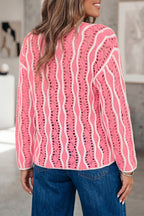 Pink Wavy Detail Hollow Out Knit Long Sleeve Cotton Pullover Sweater