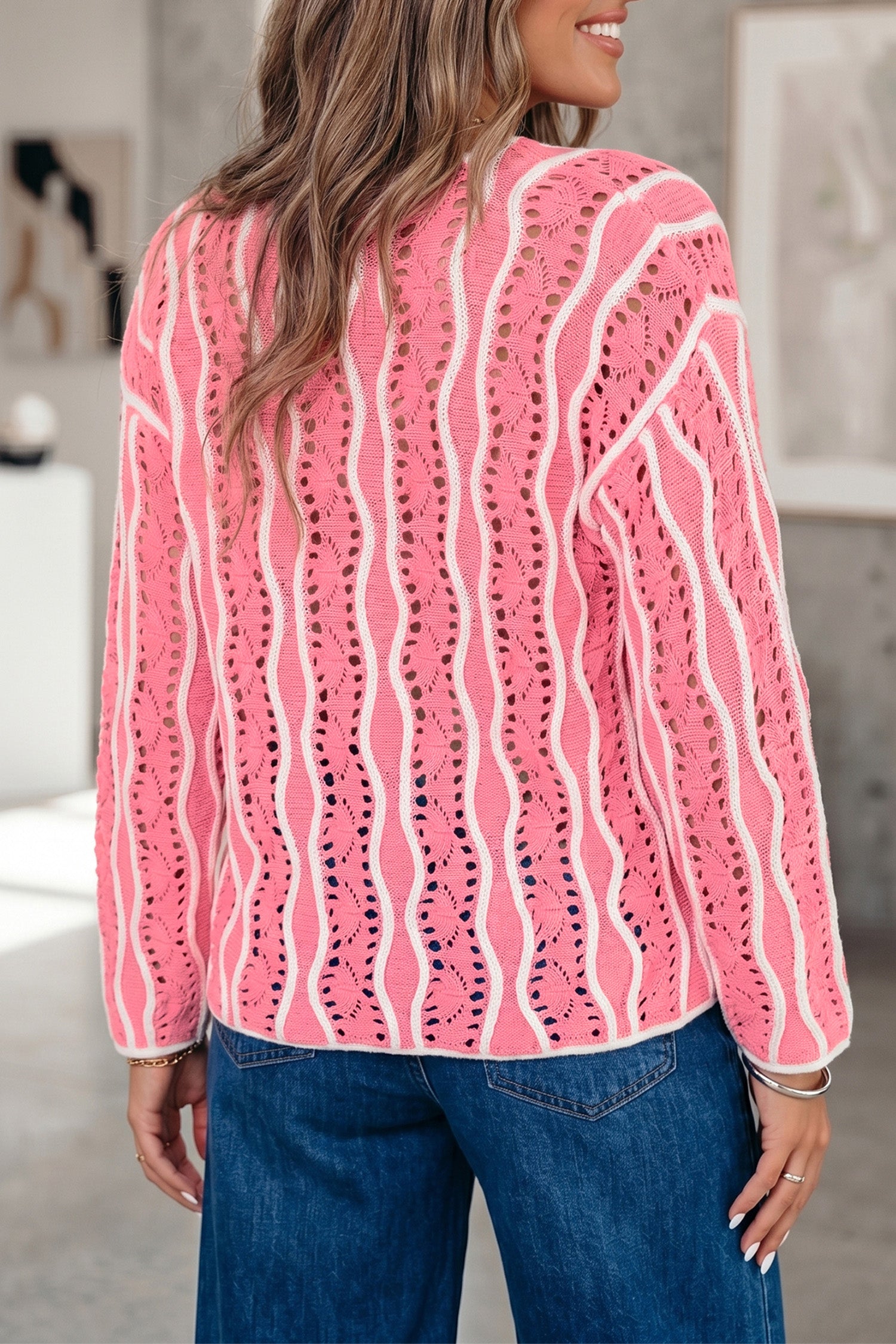 Pink Wavy Detail Hollow Out Knit Long Sleeve Cotton Pullover Sweater