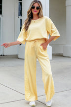 Lace Patchwork Half Sleeve Top Elastic Waist Pants Two Piece Set