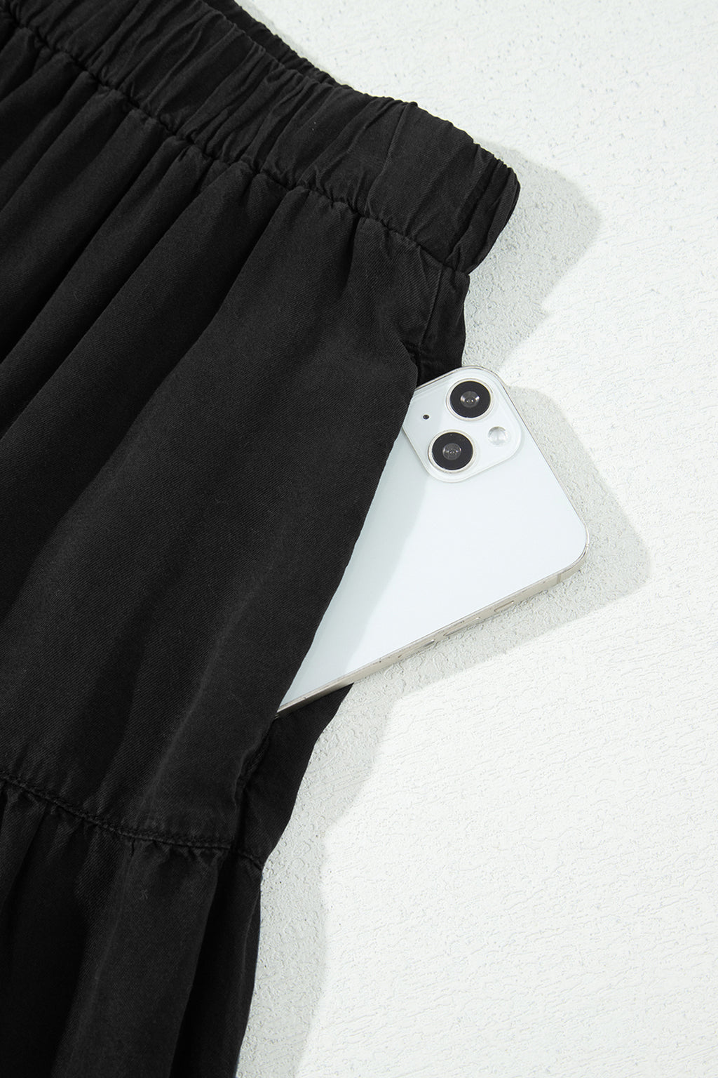 Black Elastic Waist Ruffled Tiered Flared Denim Maxi Skirt