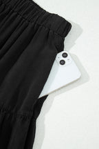 Black Elastic Waist Ruffled Tiered Flared Denim Maxi Skirt