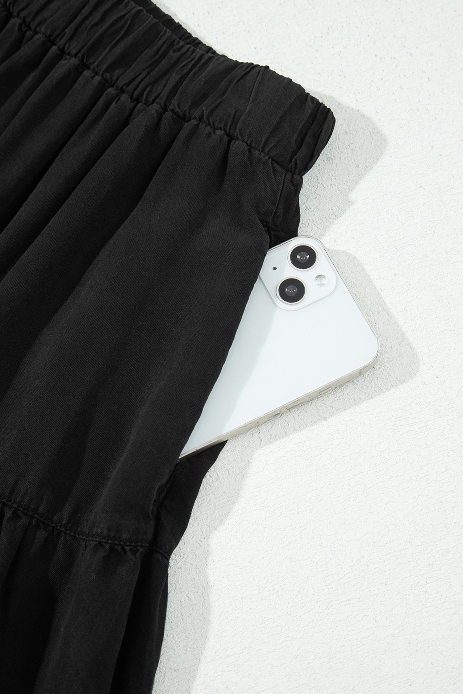Black Elastic Waist Ruffled Tiered Flared Denim Maxi Skirt