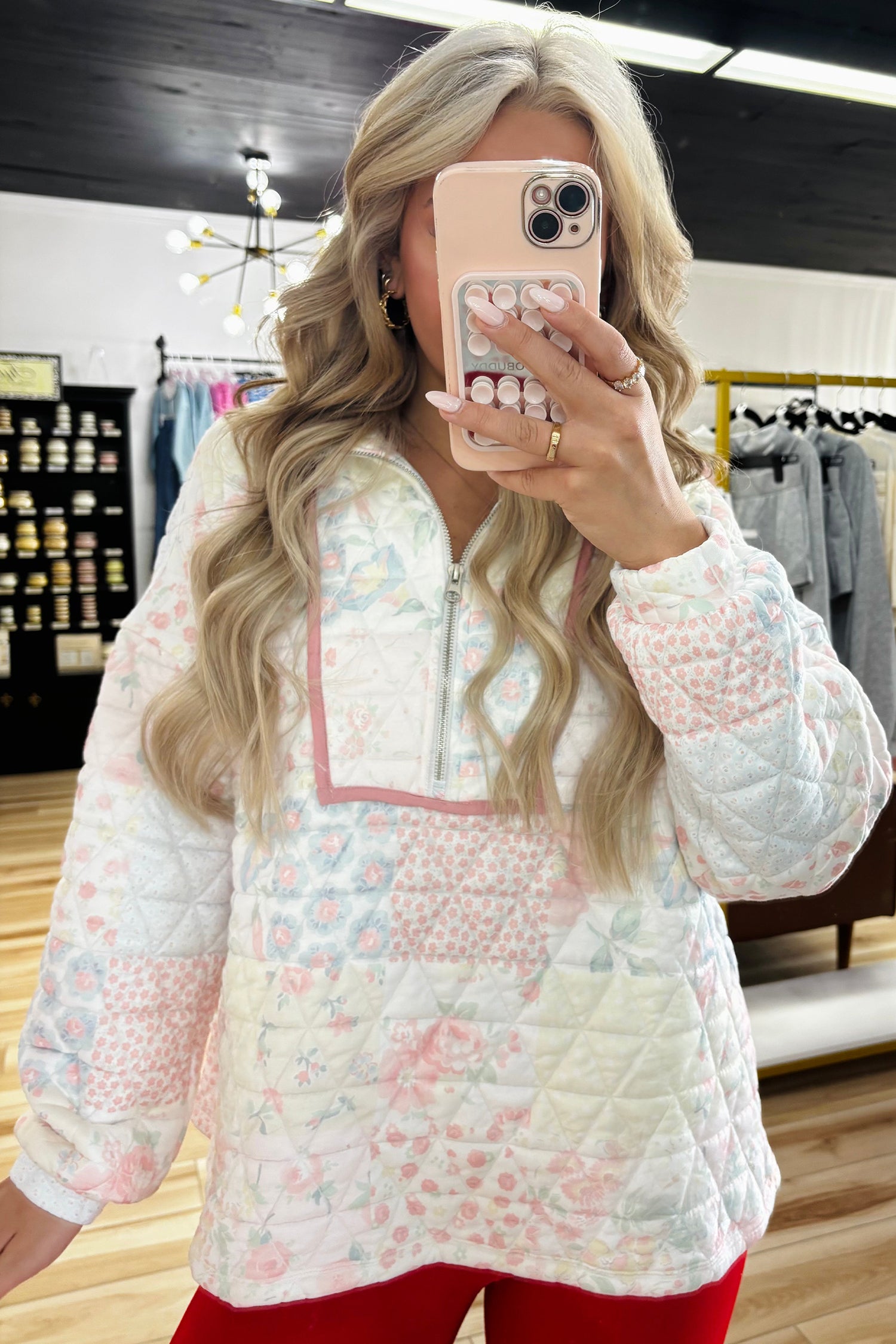 Multicolour Floral Quilted Metal Zipper Collar Long Sleeve Sweatshirt