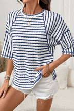 Pink Stripe Textured Knit Split Hem Half Sleeve Loose Top